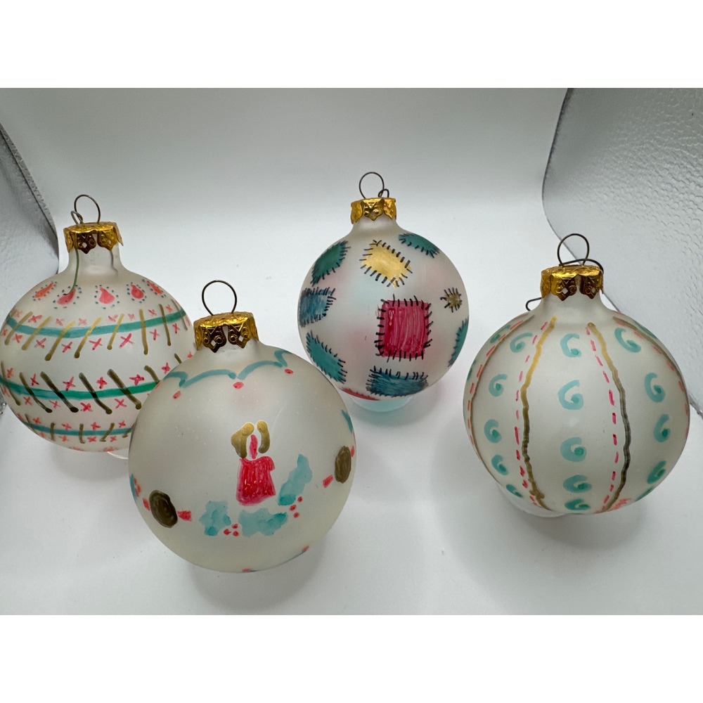 Vintage 1994 Polites Hand Painted Frosted Glass Christmas Ornaments Set of 4
